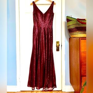 Floor length burgundy sequinned dress